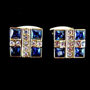 Cobalt blue & rhinestone unisex cufflinks - gold tone setting - New-Sept.b'day